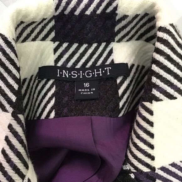 INSIGHT blazer acrylic blend wool tweed plaid ecru checker white black purple 16 - Picture 4 of 14